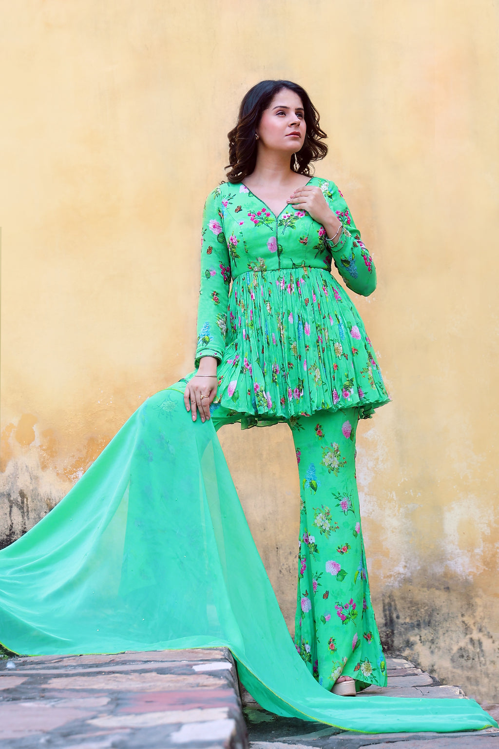 Floral printed sharara set with Organza dupatta