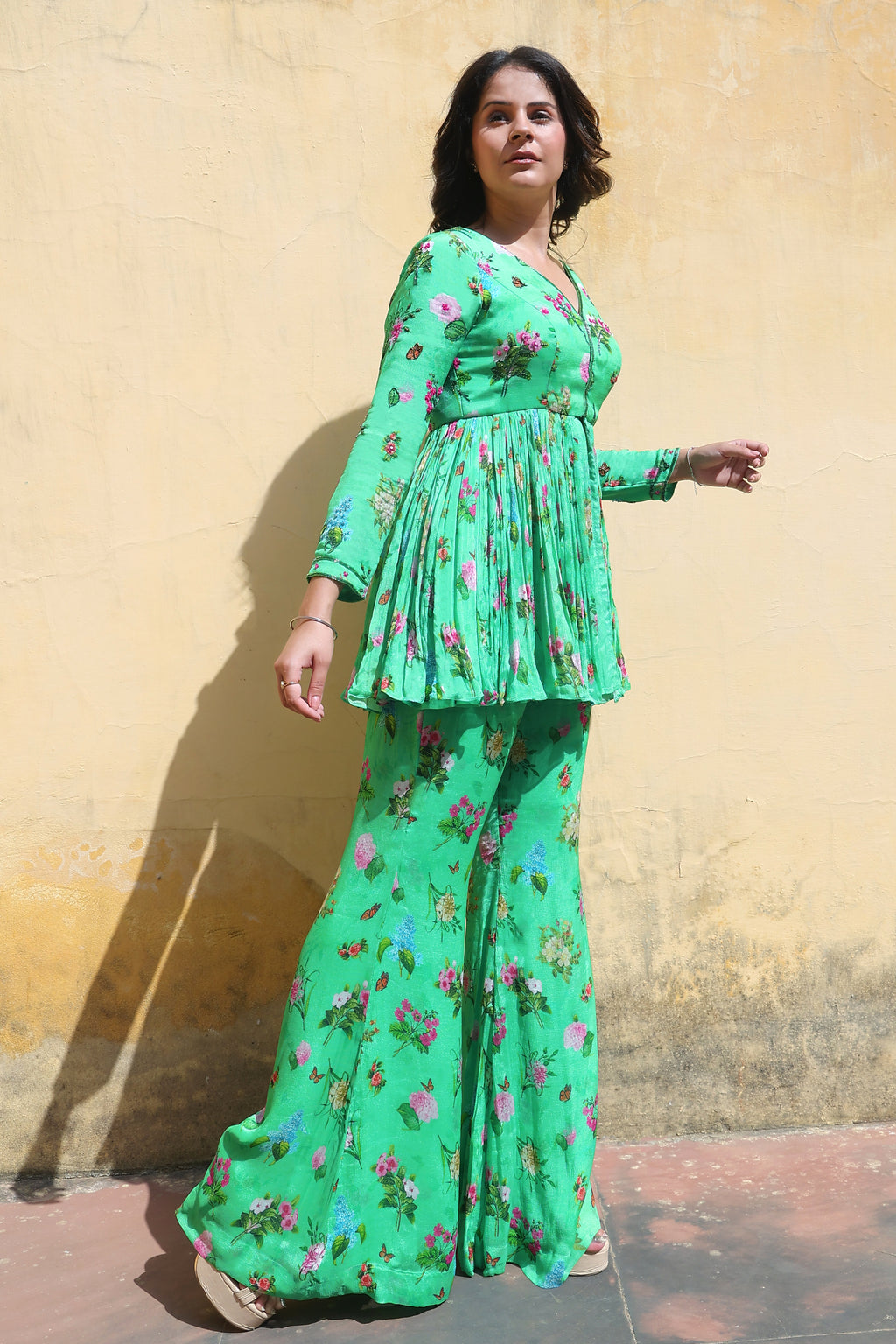 Floral printed sharara set with Organza dupatta