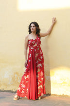 One-shoulder pleated jumpsuit