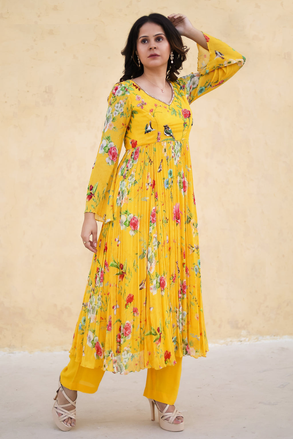 Yellow Anarkali suit with Organza dupatta