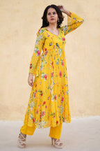 Yellow Anarkali suit with Organza dupatta