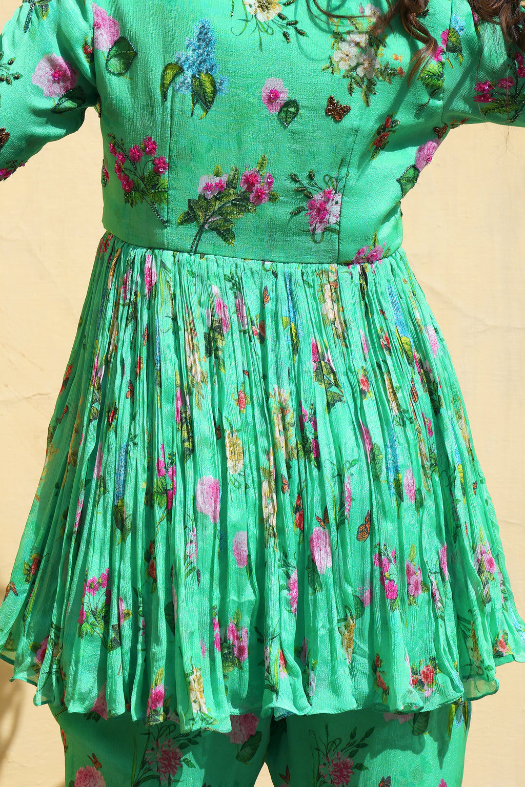 Floral printed sharara set with Organza dupatta