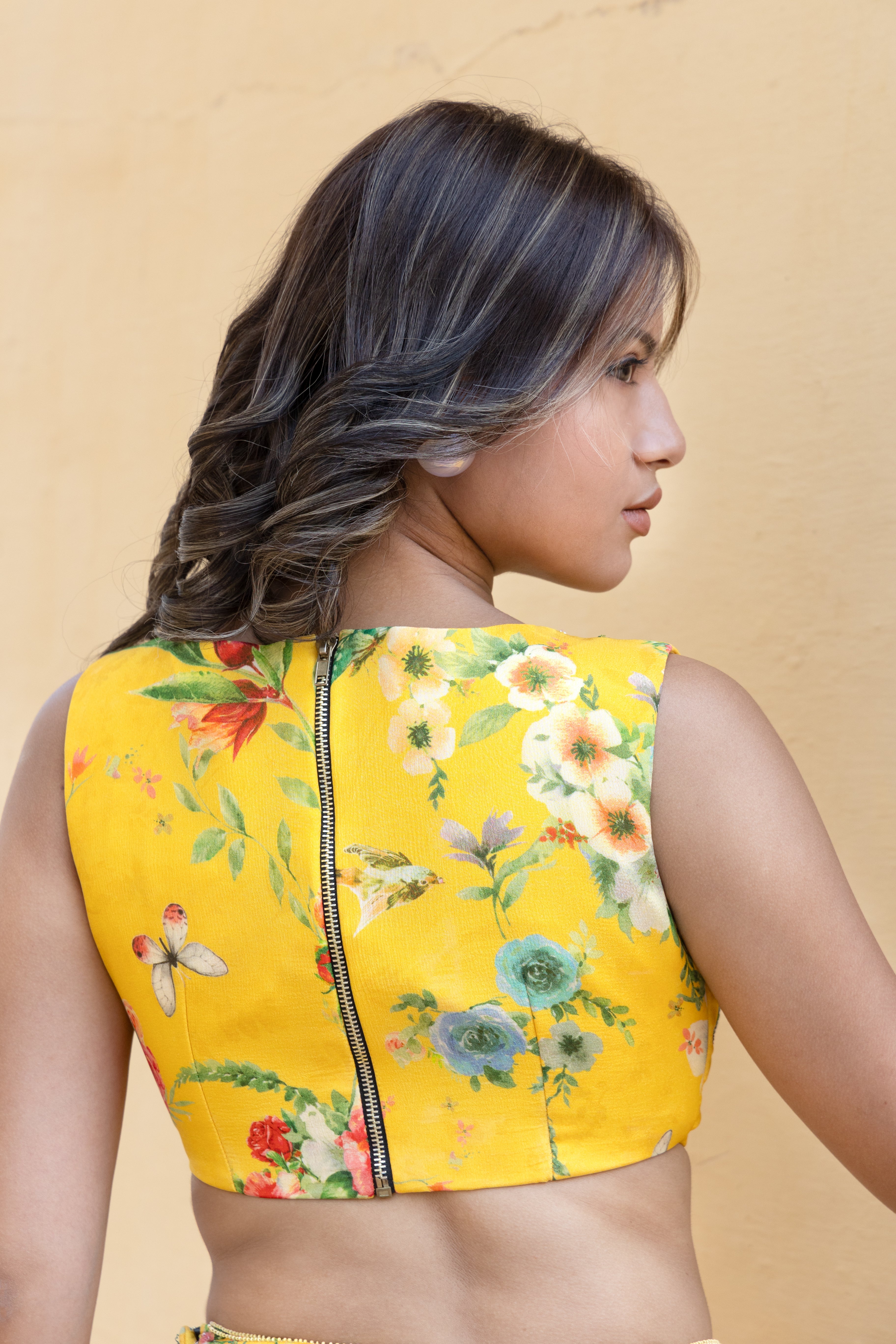 Flared draped yellow skirt set