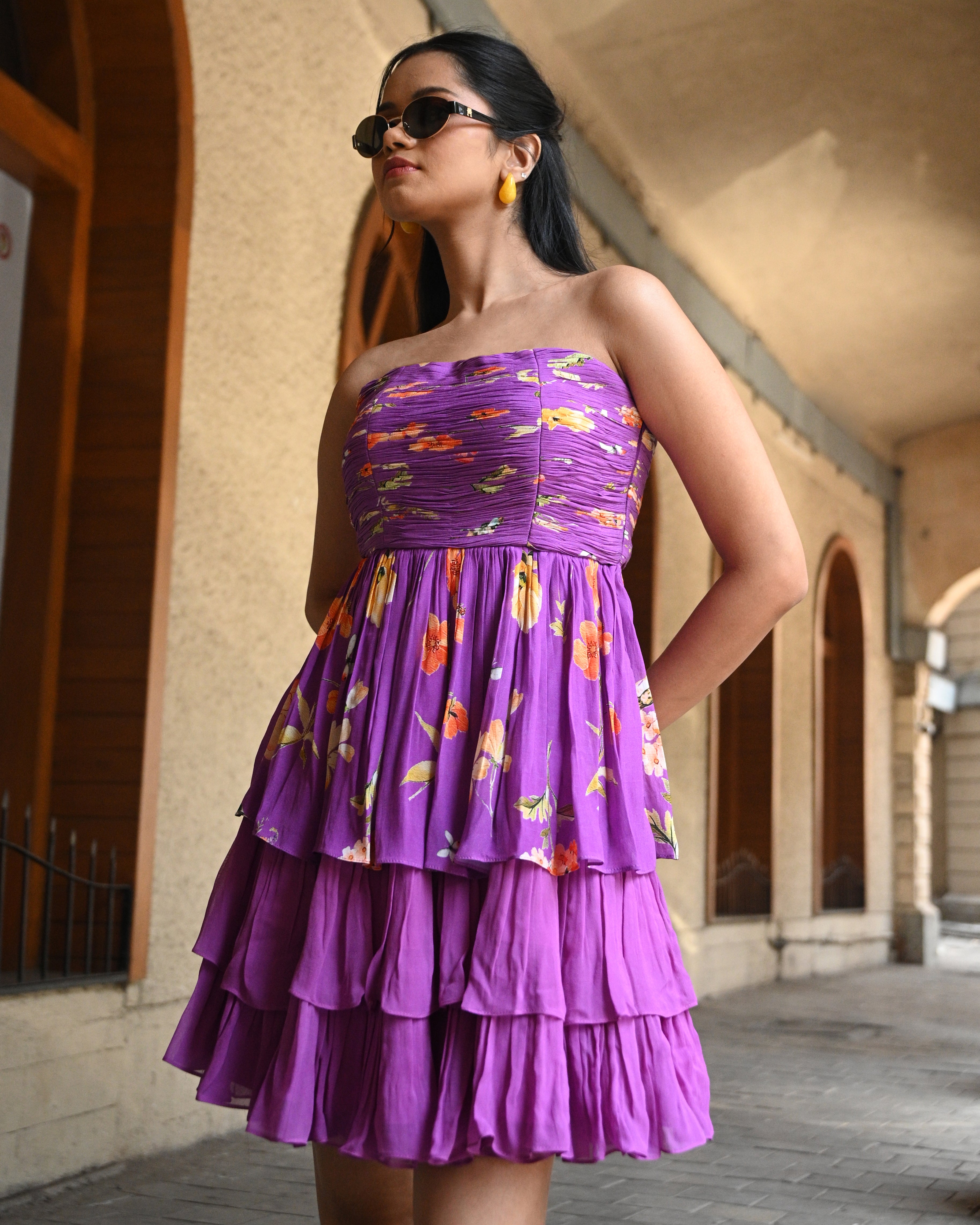 Purple Petals in Purple tube layered short dress by Simor, featuring a stylish short dress with petal details and layered design.