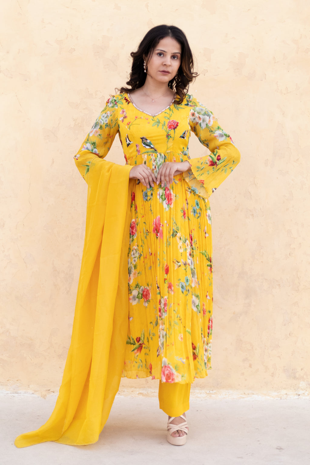 Yellow Anarkali suit with Organza dupatta
