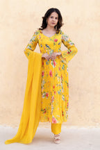 Yellow Anarkali suit with Organza dupatta
