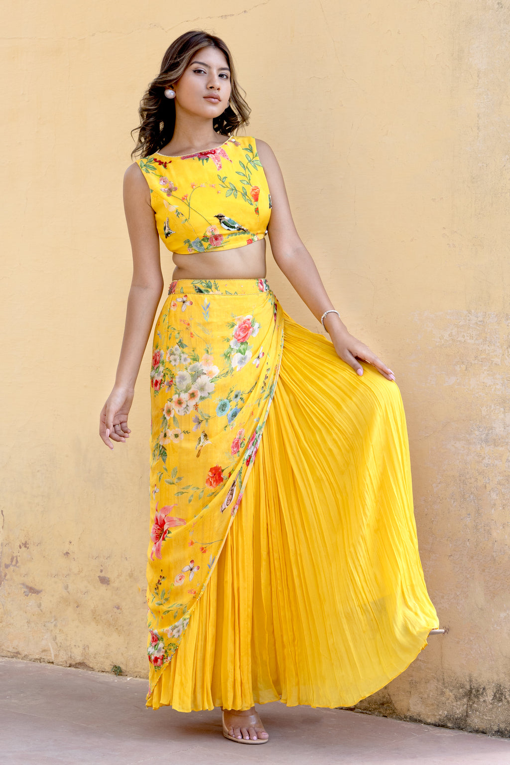 Flared draped yellow skirt set