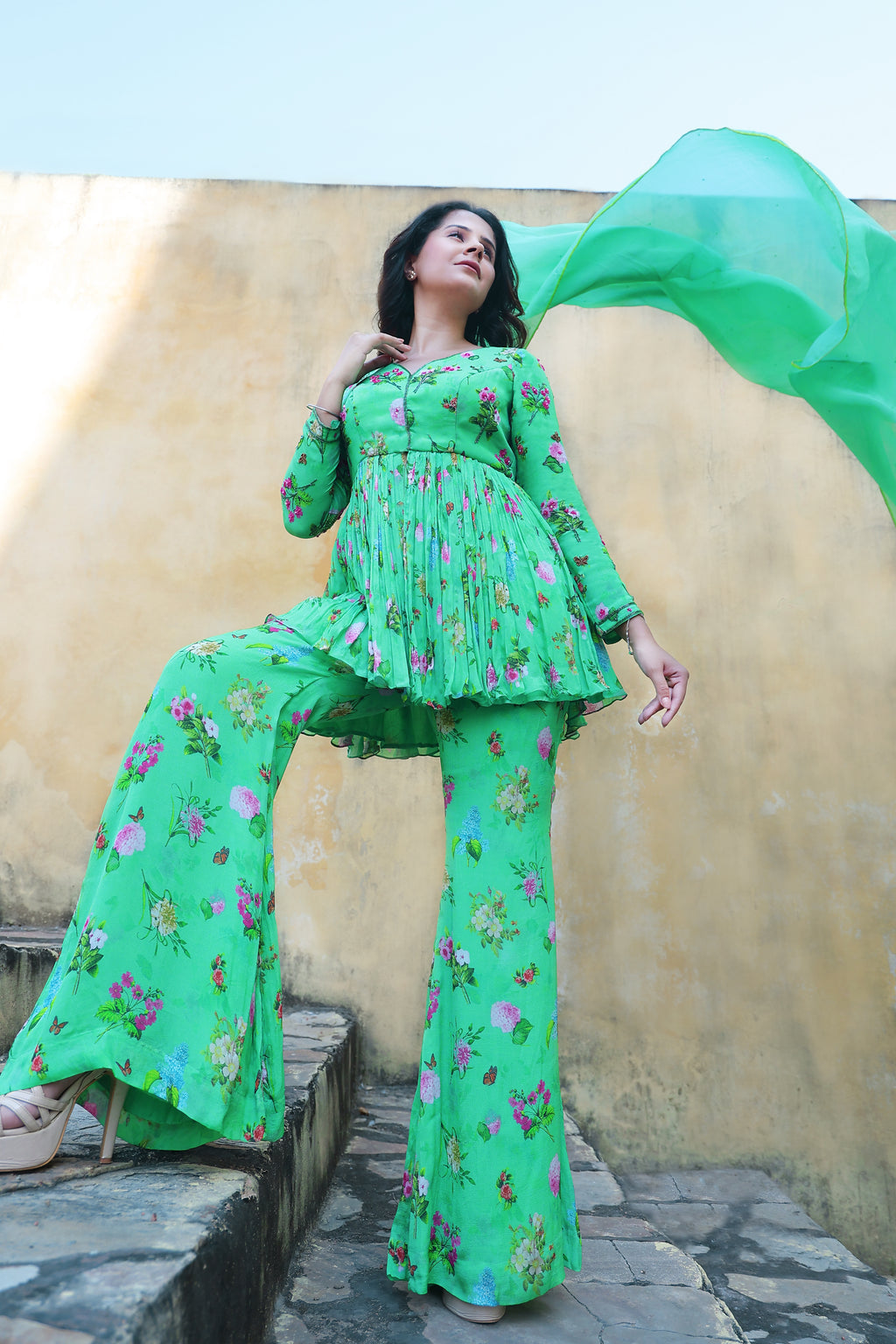 Floral printed sharara set with Organza dupatta