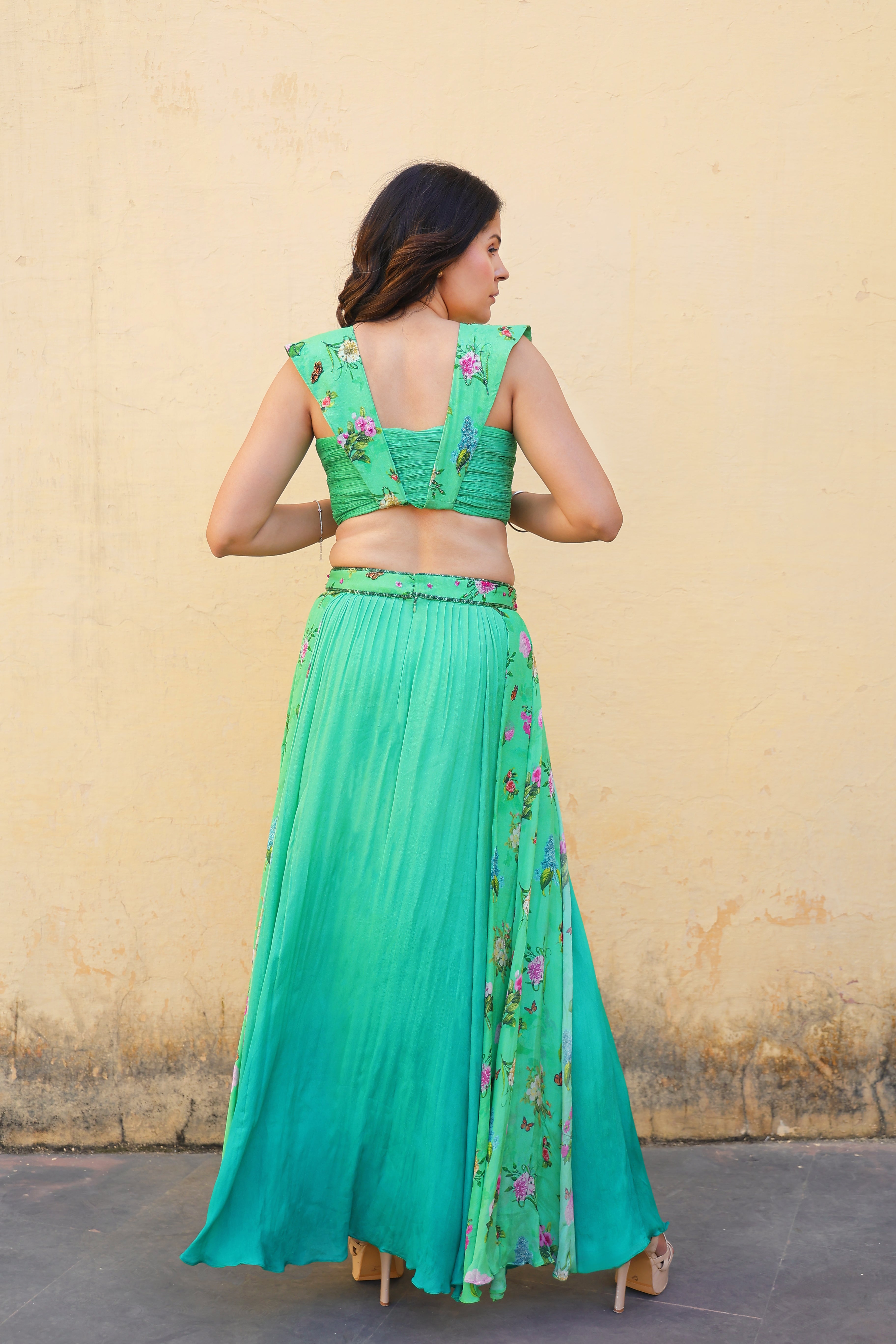 Floral strape blouse with ombre lehenga.