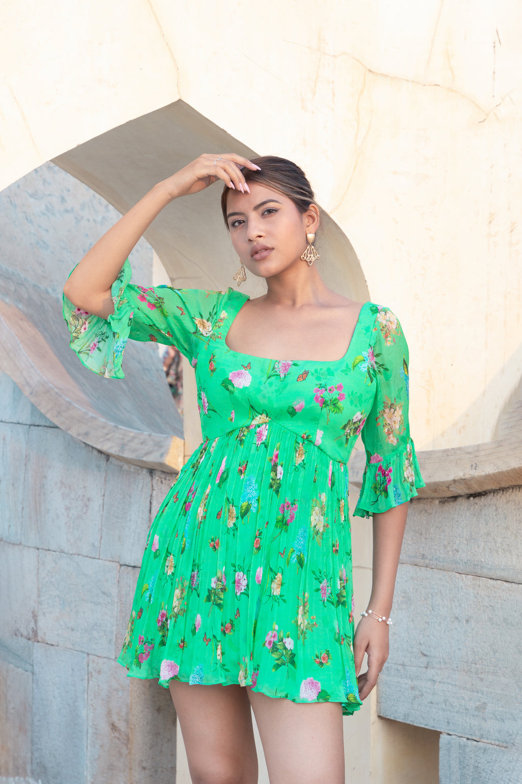 Green Printed Short Dress