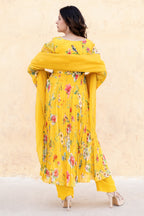 Yellow Anarkali suit with Organza dupatta