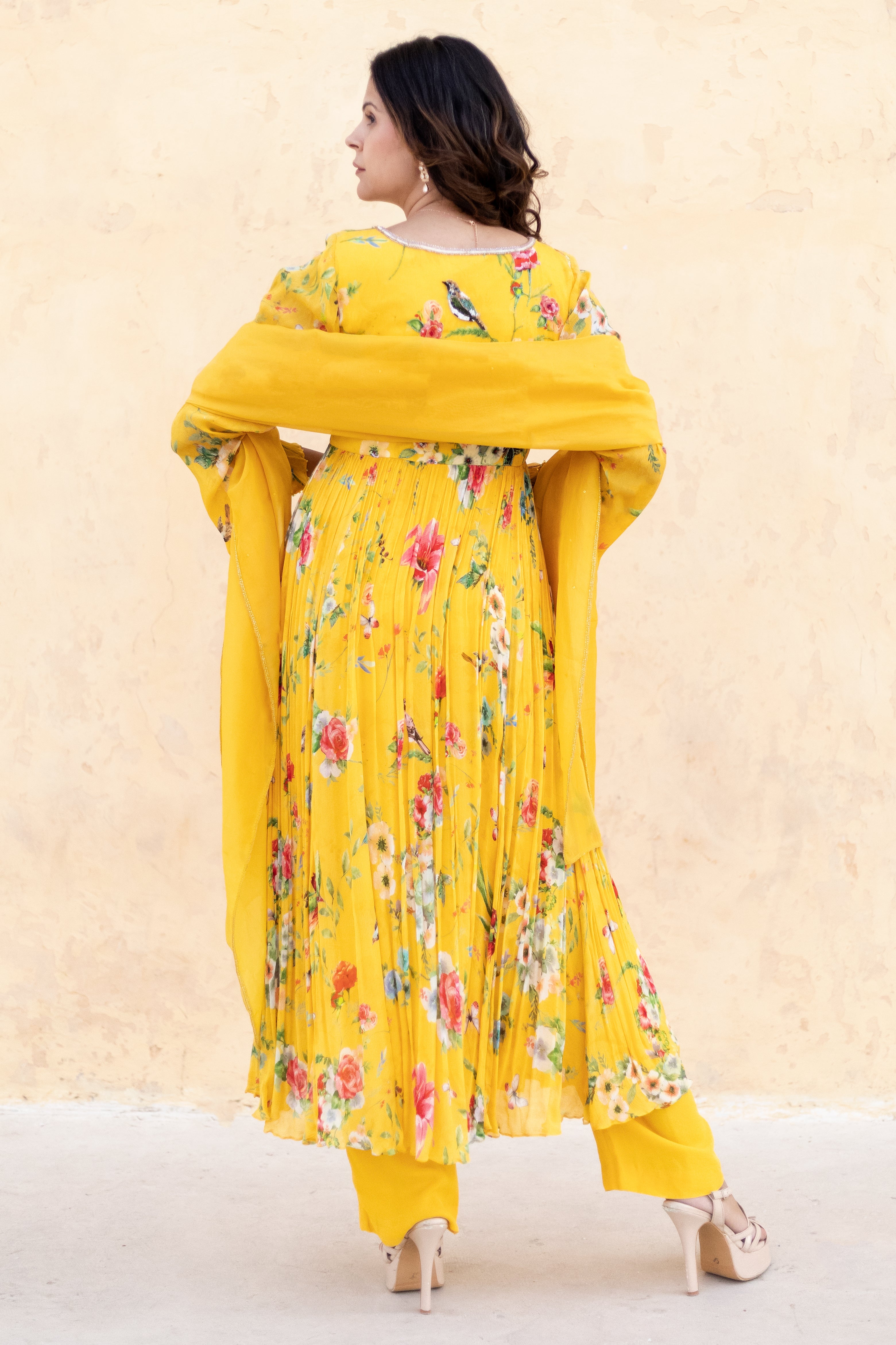 Yellow Anarkali suit with Organza dupatta