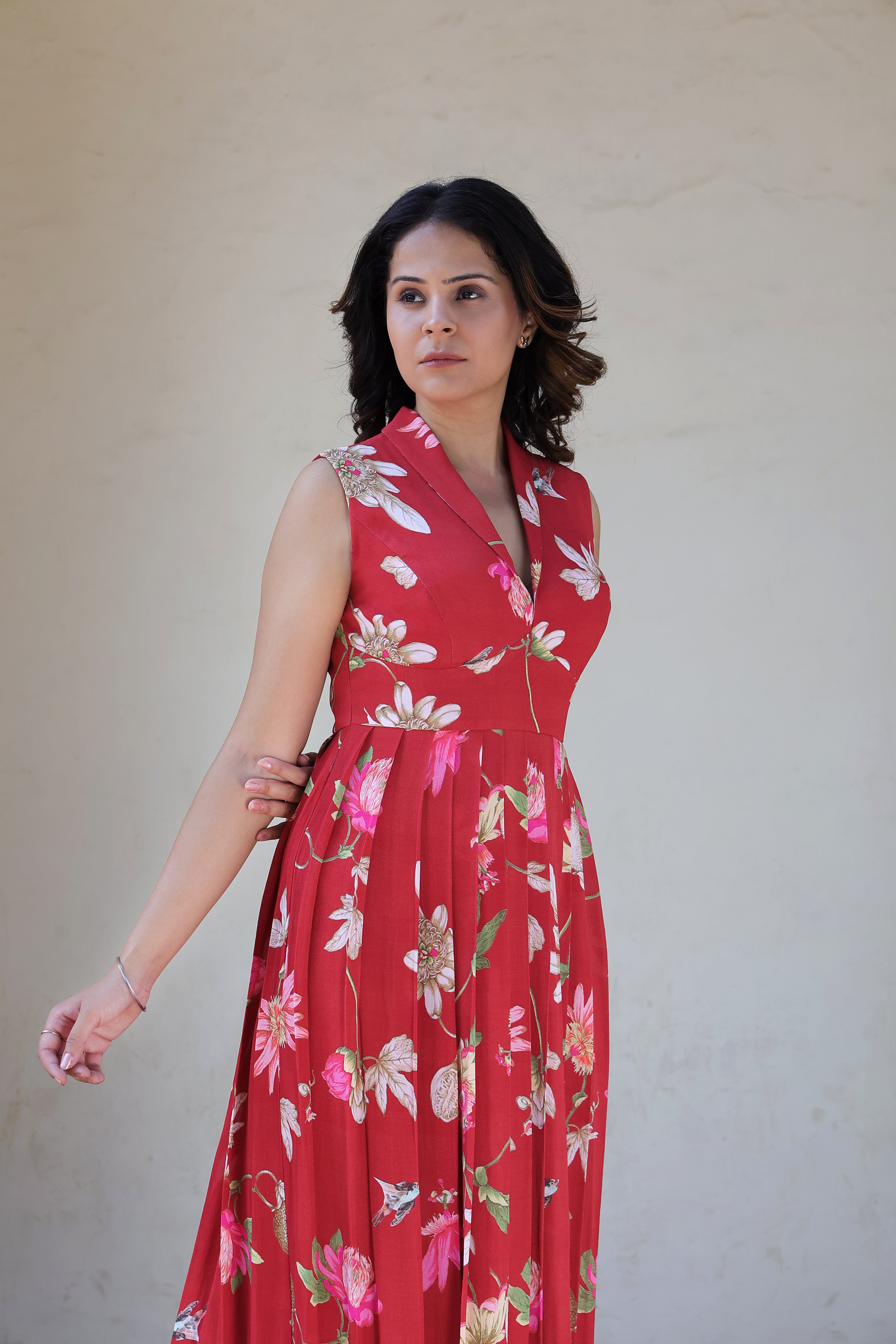 Red Pleated Long Dress