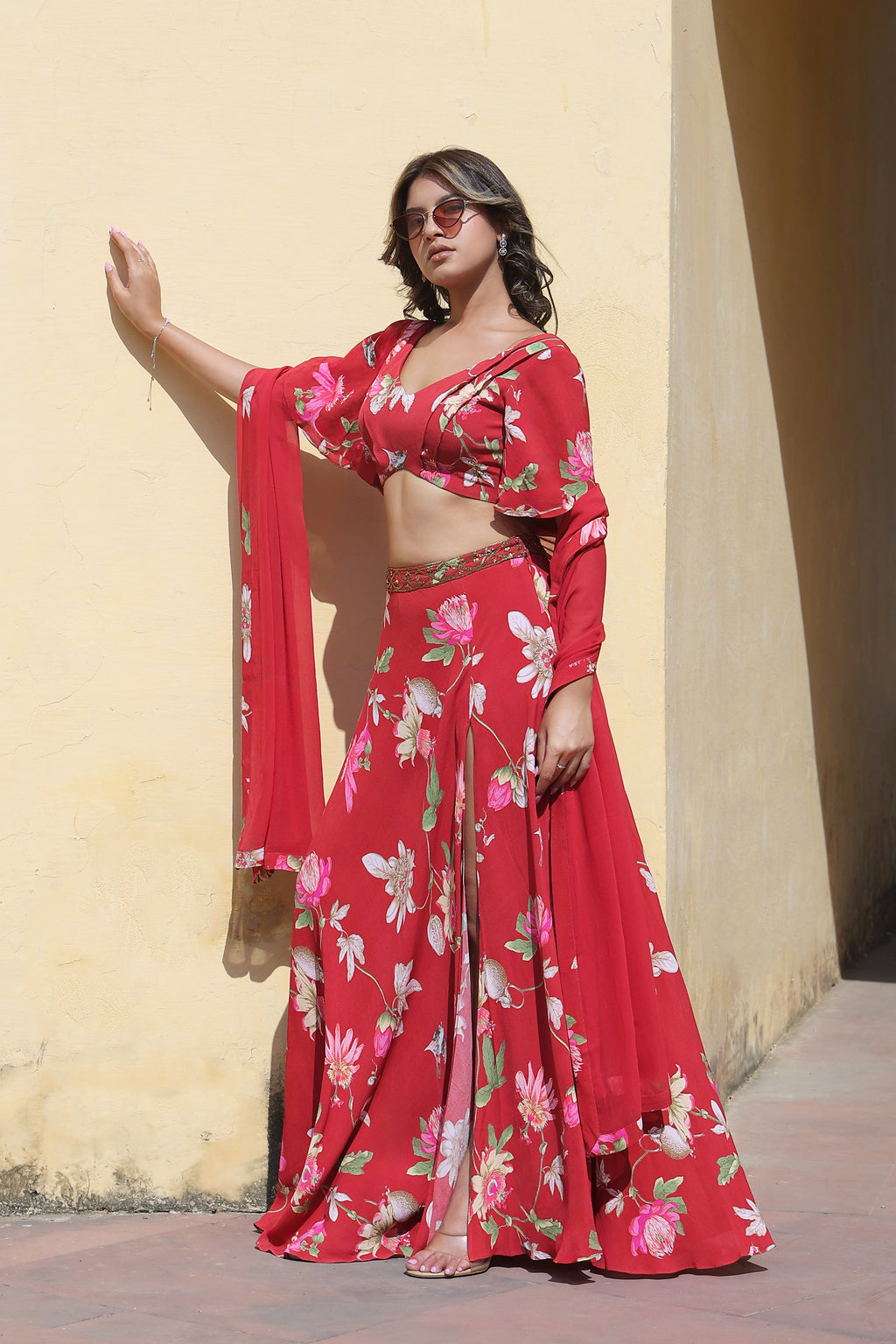 Printed red lehenga set
