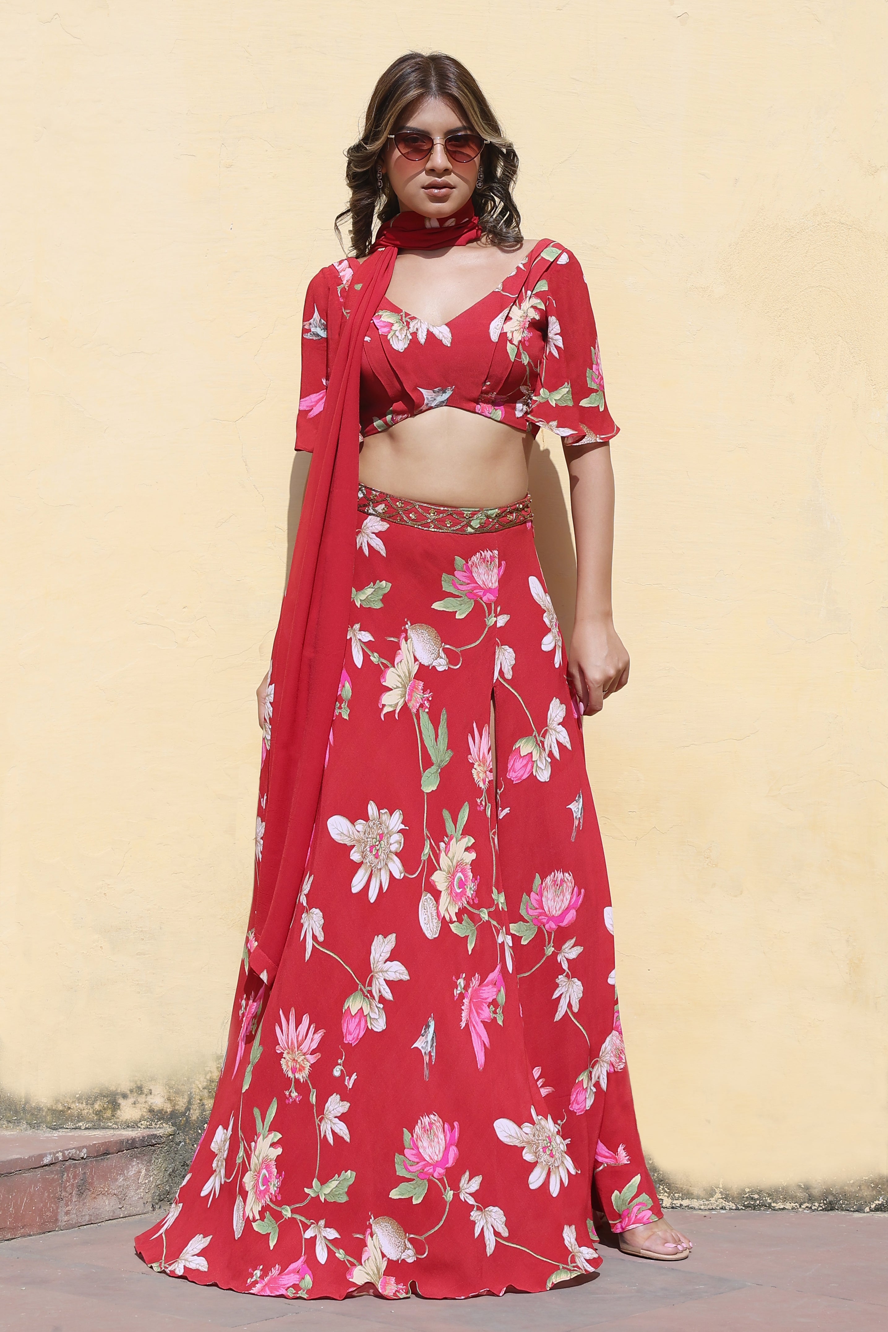 Printed red lehenga set