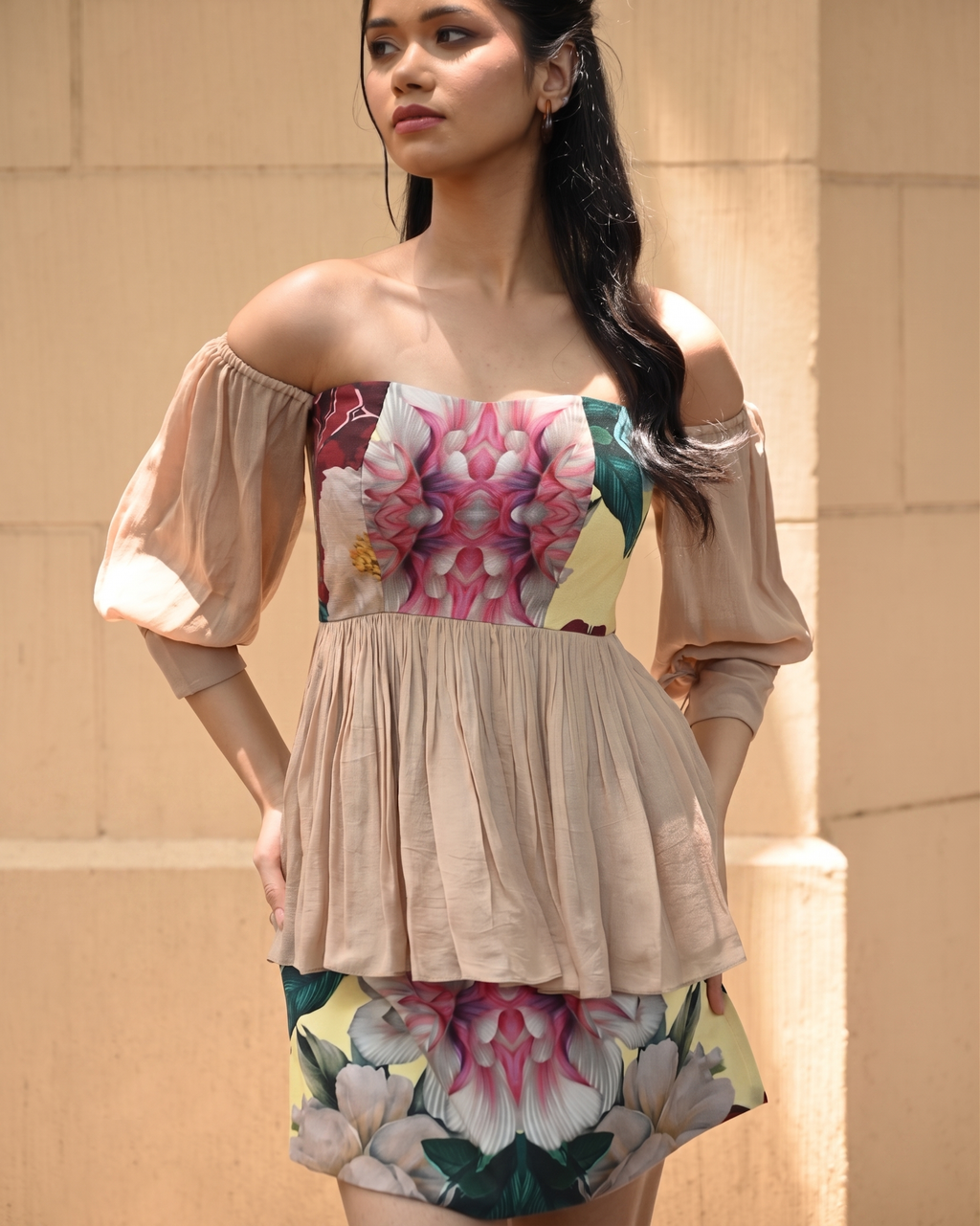 Floral Whisper peplum top and skort coord set by Simor, featuring a stylish floral print and elegant design.