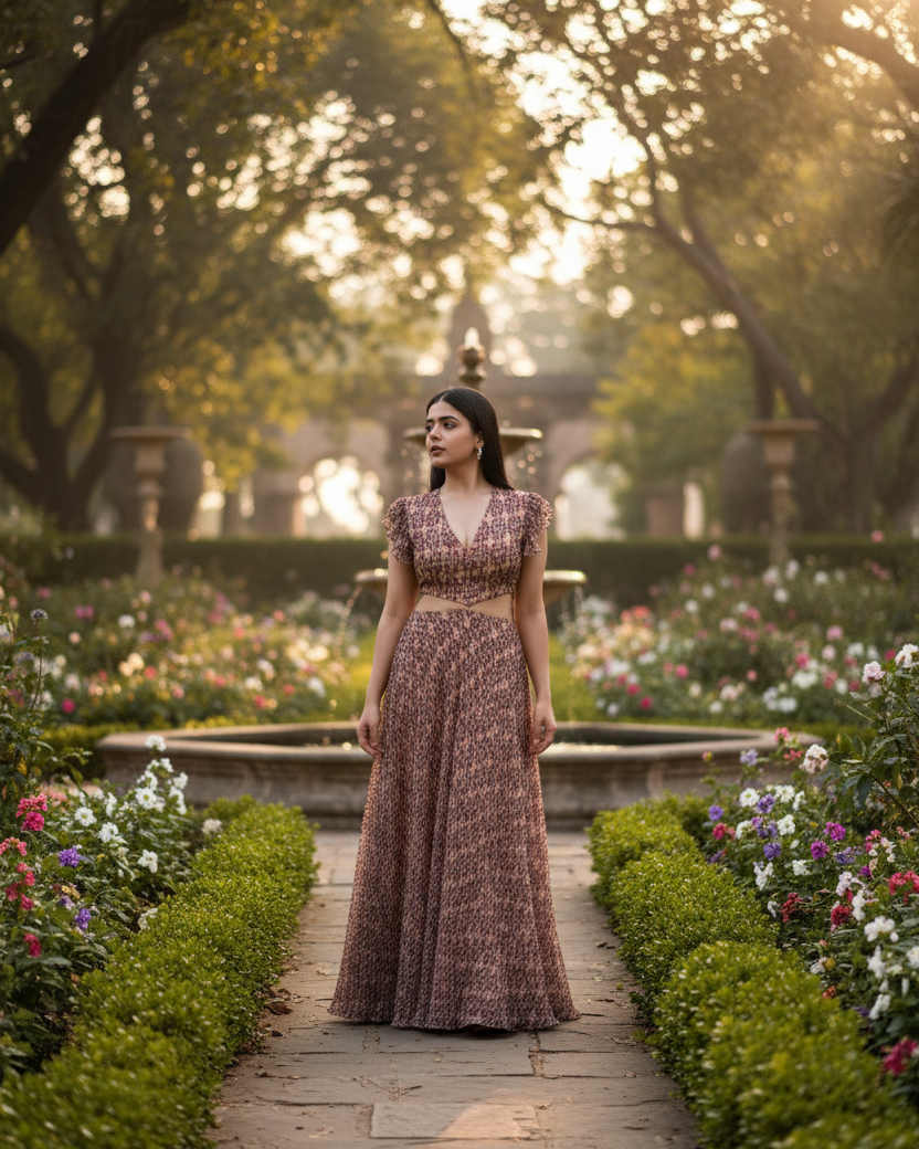 Flared long dress with waist cutout