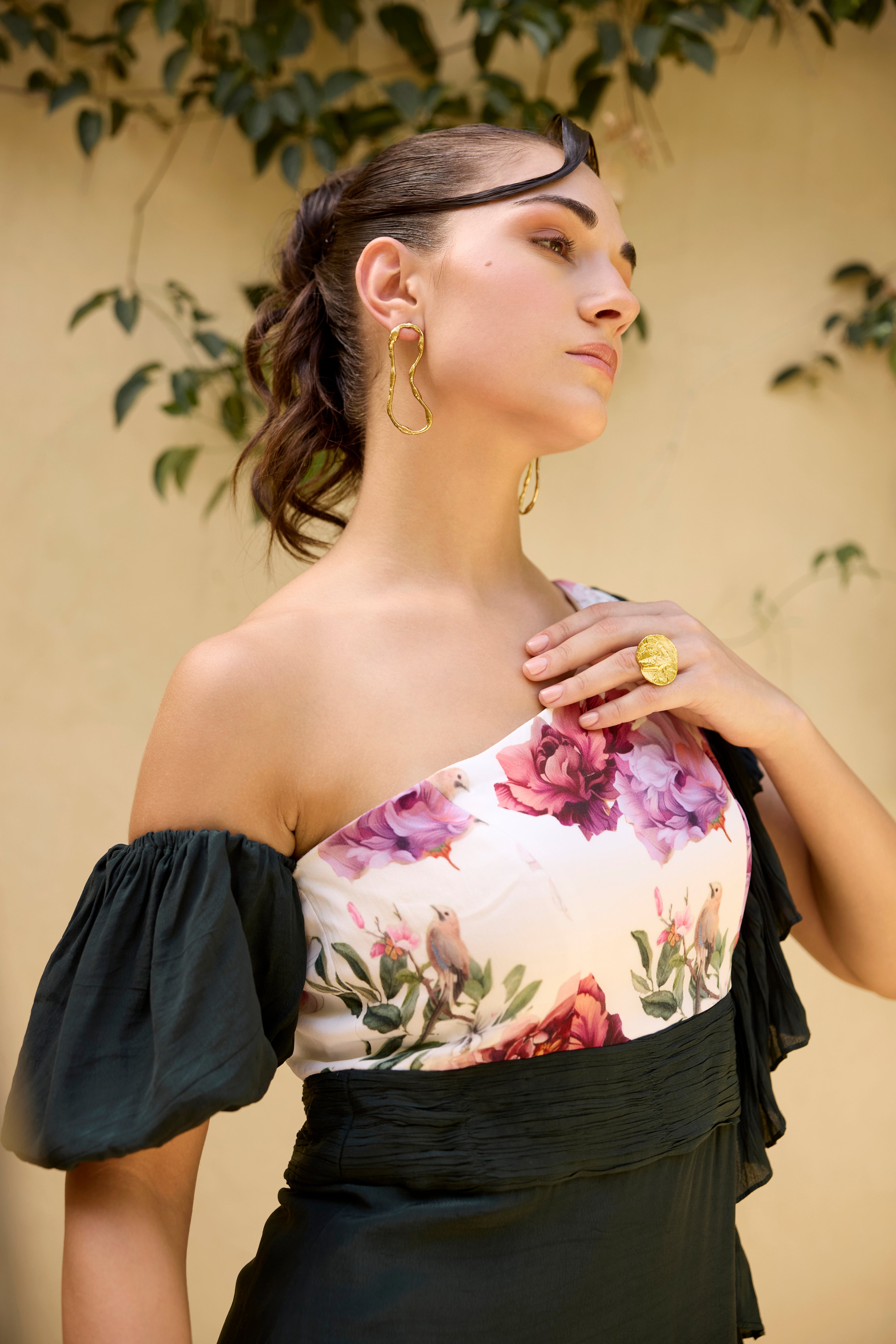 Midnight Bloom One-Shoulder Dress