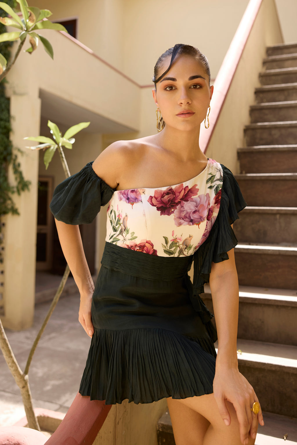 Midnight Bloom One-Shoulder Dress