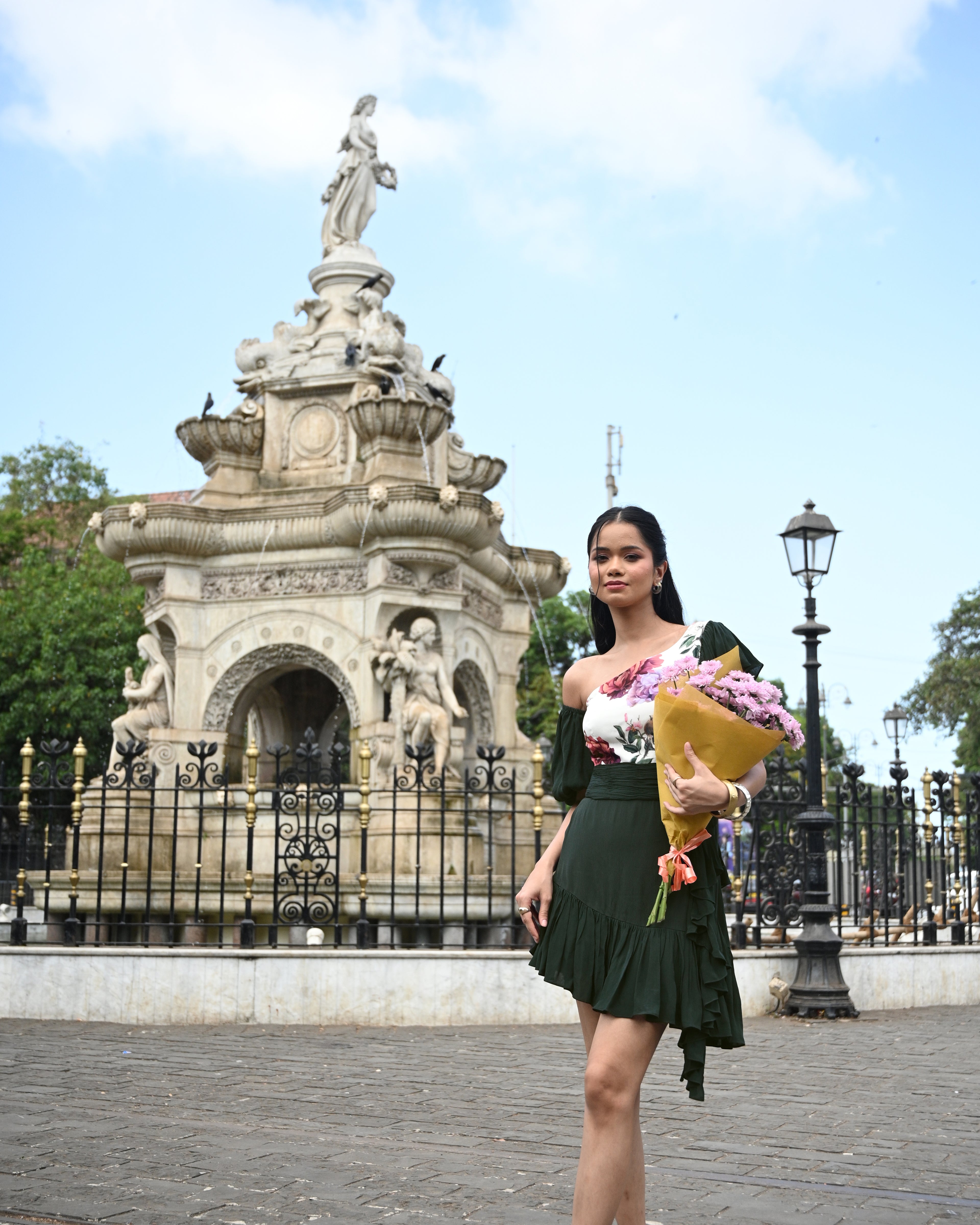 Simor Cascade Dress, one-shoulder short dress with flowing fabric, stylish and elegant for special occasions.
