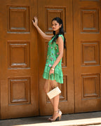 Simor Nature in Motion sleeveless layered short dress with flowing fabric and casual style, shown on a model.