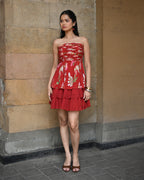 Simor Romance in Red tube layered short dress displayed on a hanger, showcasing its vibrant red color and stylish design.