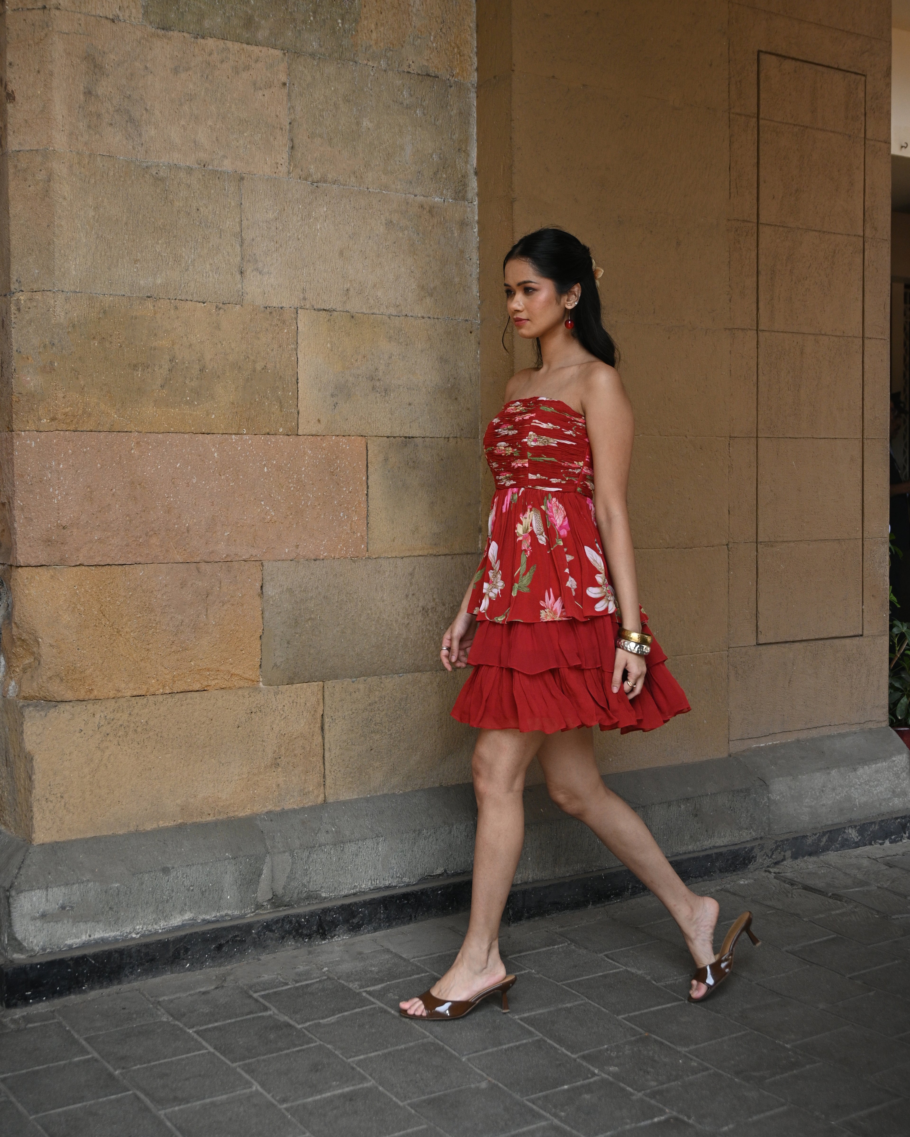 Simor Romance in Red tube layered short dress shown on a model, featuring a fitted silhouette and stylish design.