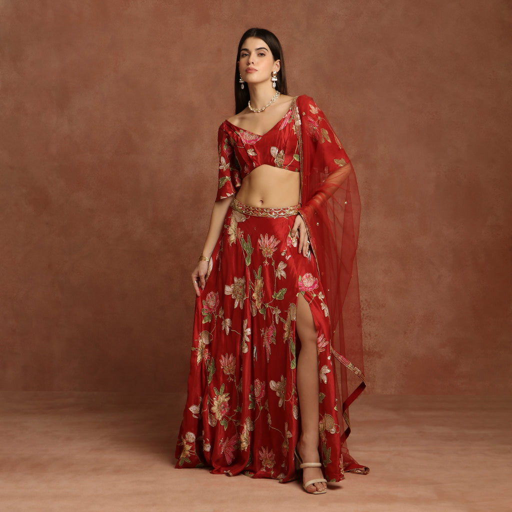 Printed Red Silk Lehenga Set