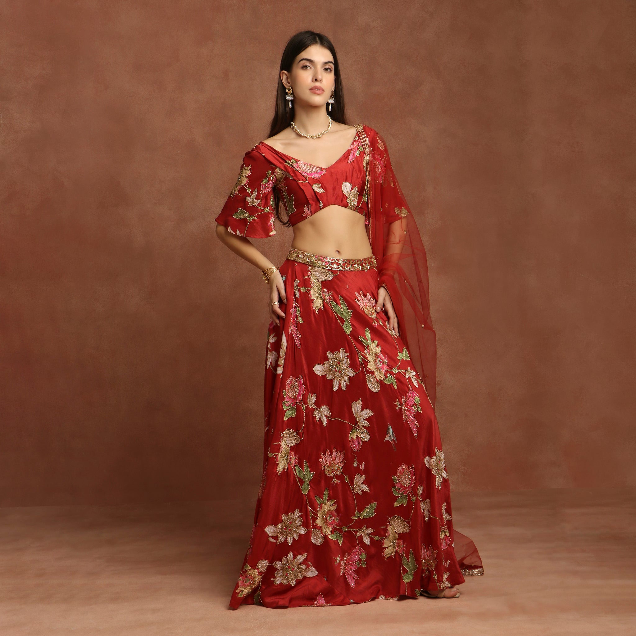 Printed Red Silk Lehenga Set