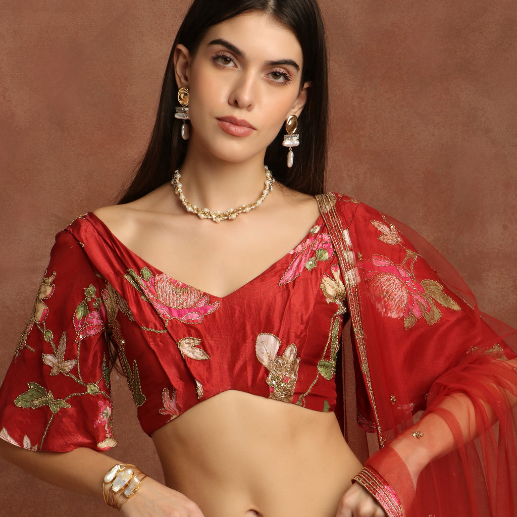 Printed Red Silk Lehenga Set