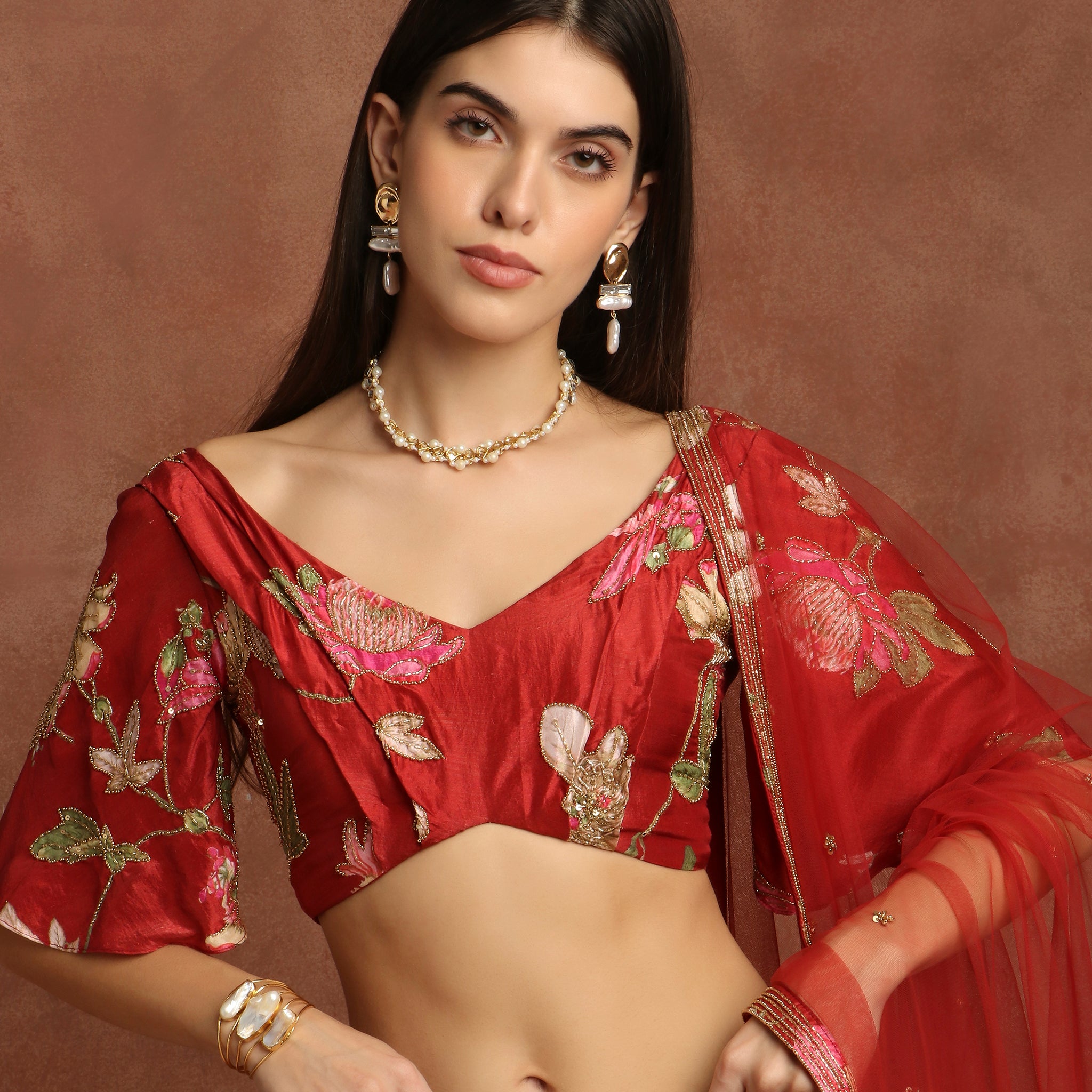 Printed Red Silk Lehenga Set