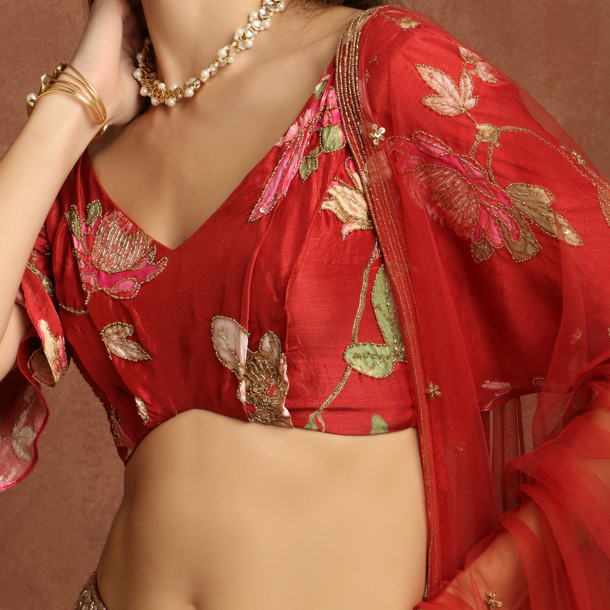 Printed Red Silk Lehenga Set