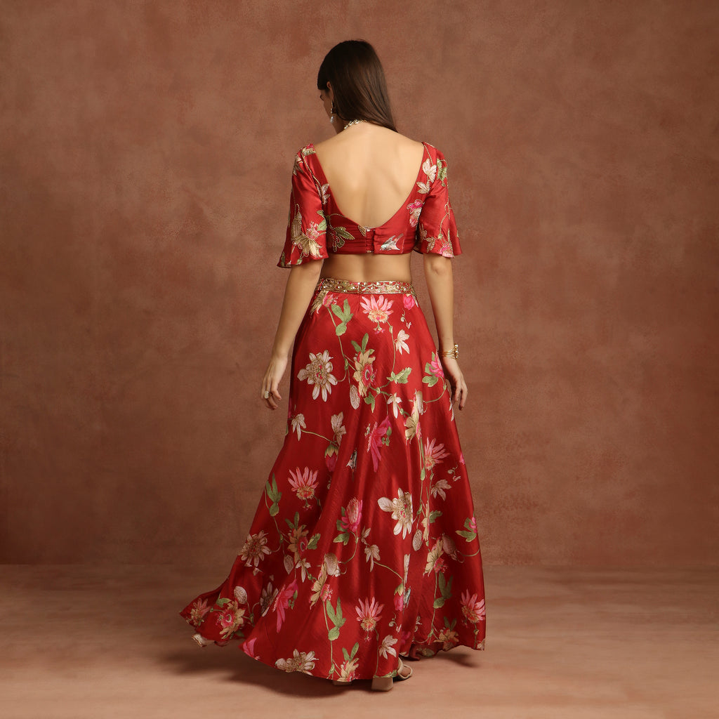 Printed Red Silk Lehenga Set