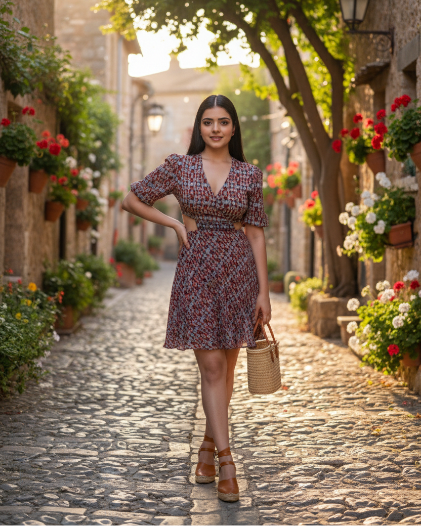 Flared dress with Waist Embroidery