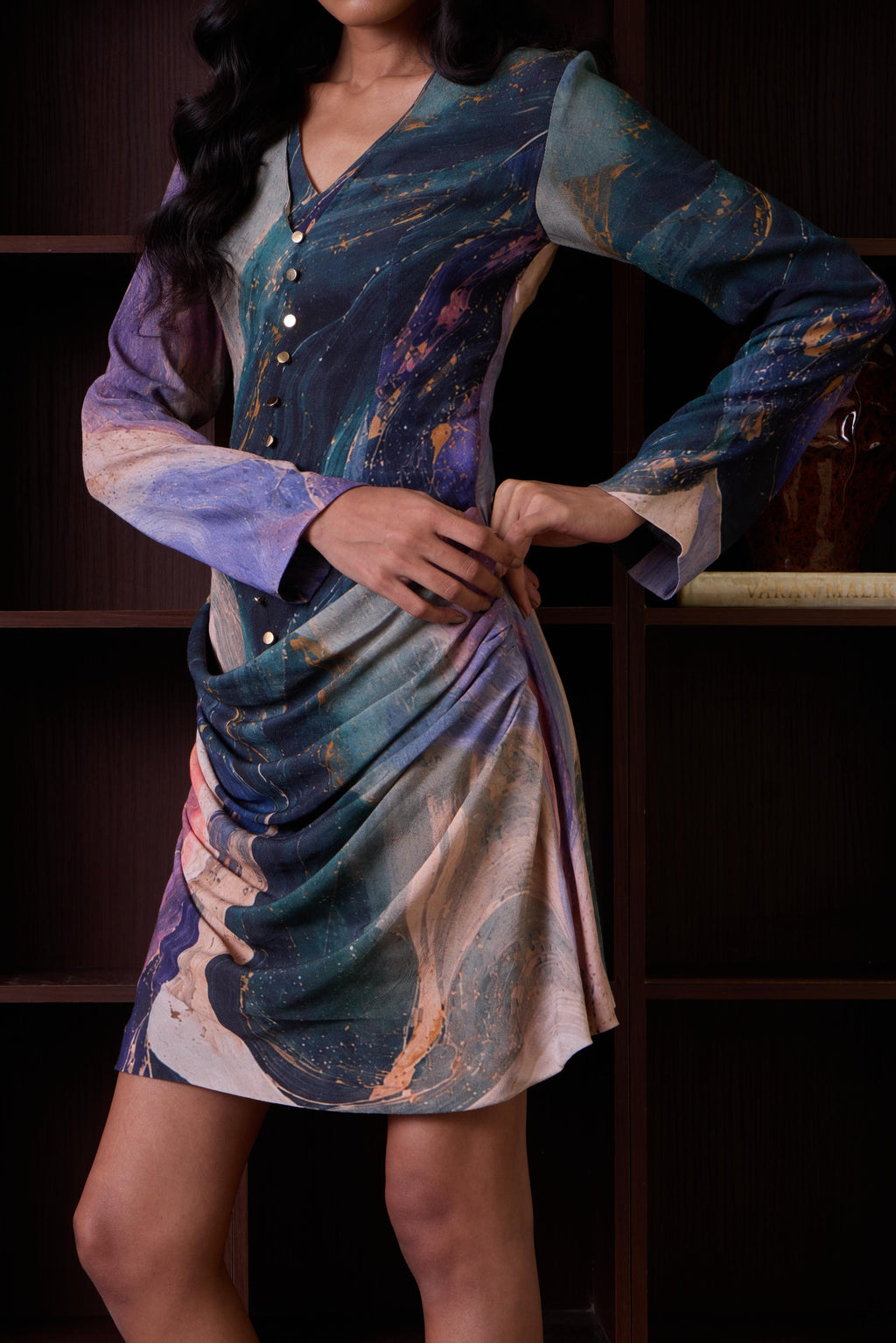 Simor Cosmic Short Dress with long sleeves, draped design, black fabric, stylish and modern women’s dress.