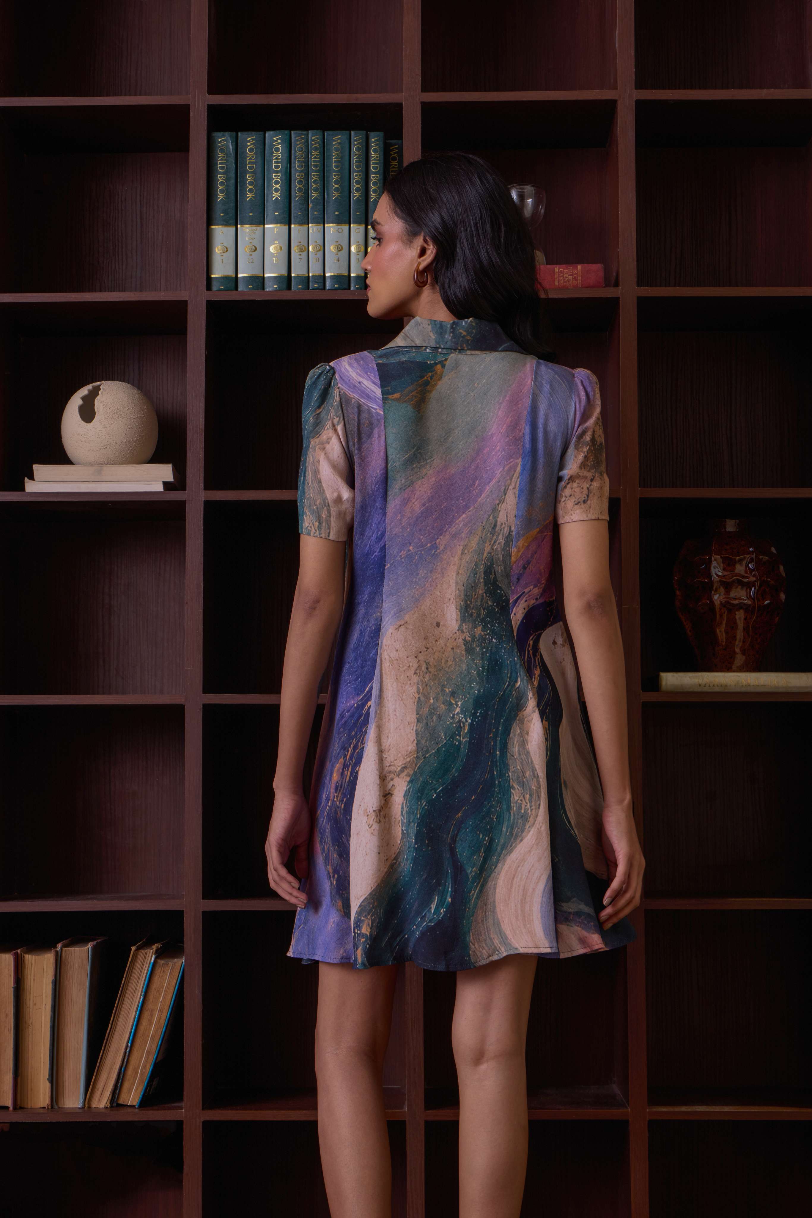 Simor Aura collared flare short dress with a fitted bodice and flared skirt, displayed on a mannequin.