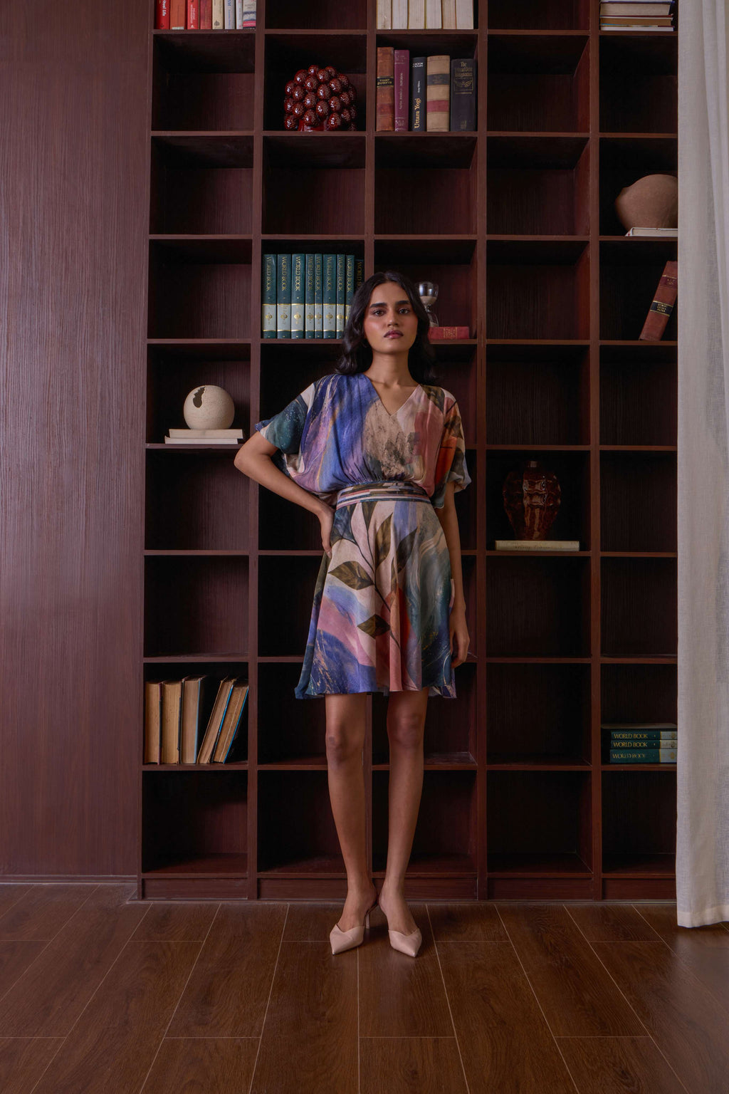 Simor botanical V-neck kimono short dress with floral print, lightweight and stylish for casual summer wear.