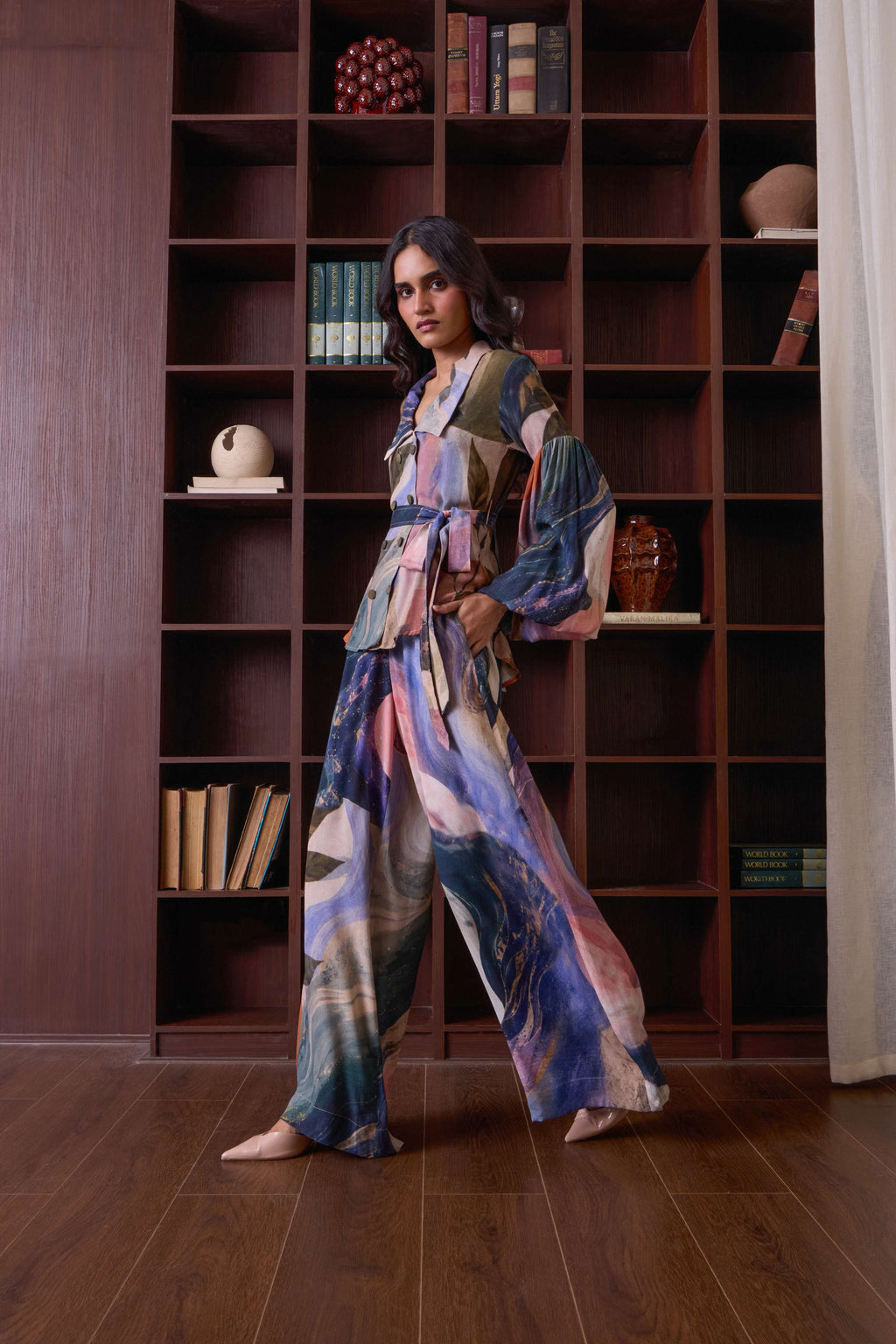 Simor celestial double-breasted shirt co-ord set featuring matching top and pants in a stylish, coordinated design.