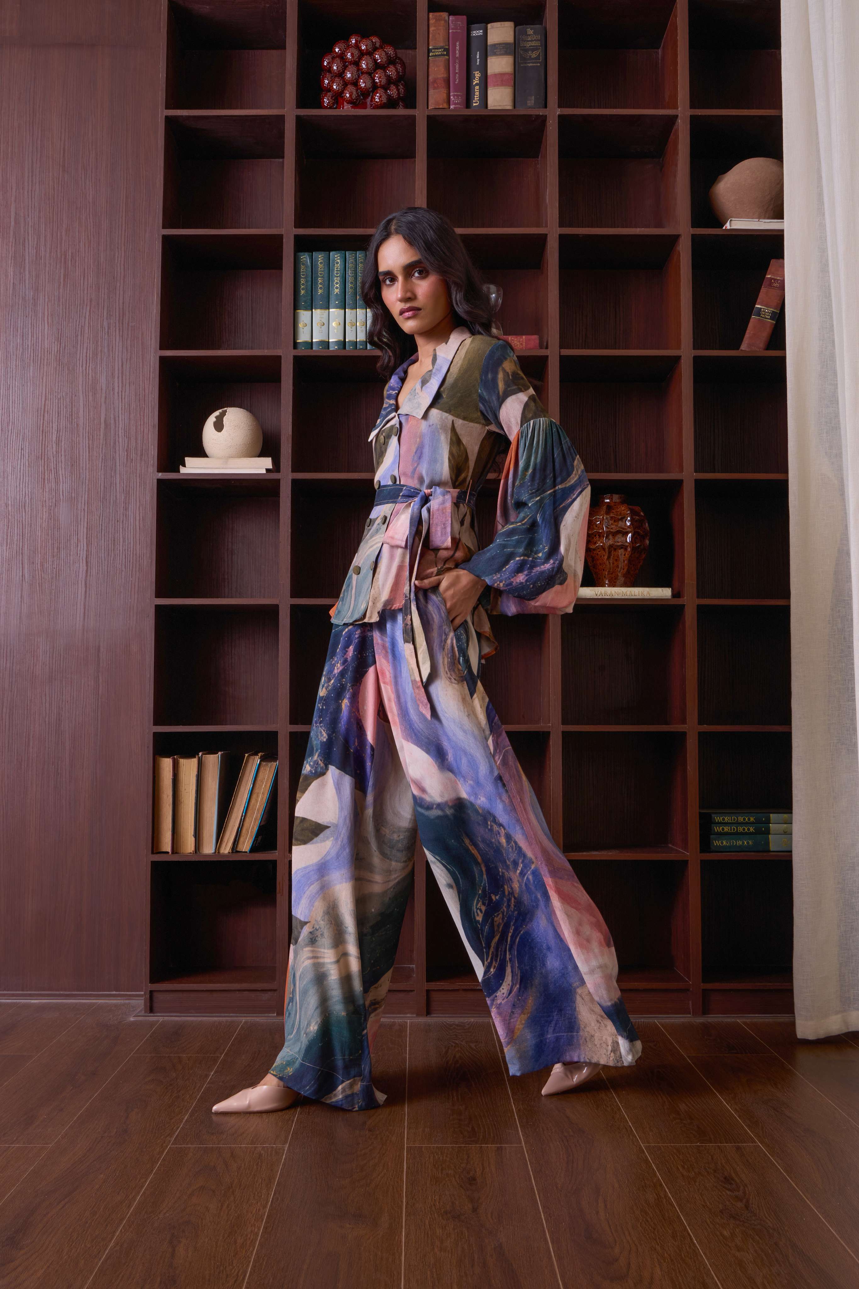 Simor celestial double-breasted shirt co-ord set featuring matching top and pants in a stylish, coordinated design.