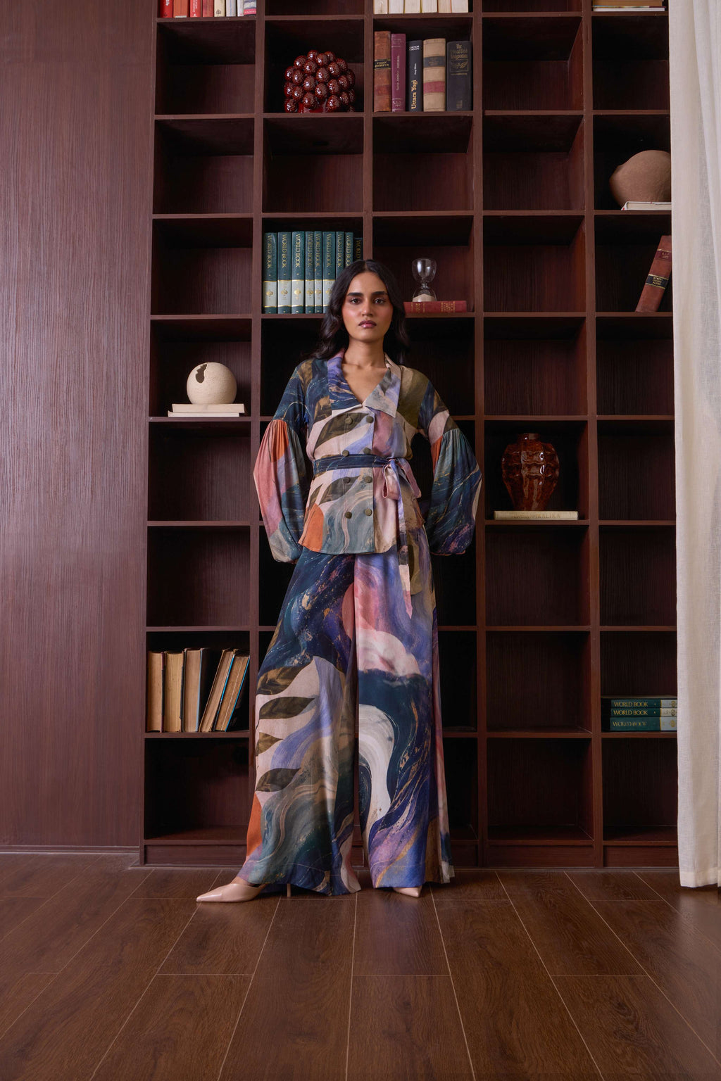 Simor celestial double-breasted shirt co-ord set featuring a matching top and pants with star-patterned fabric.