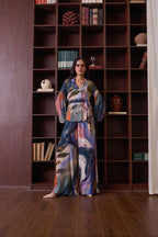 Simor celestial double-breasted shirt co-ord set featuring a matching top and pants with star-patterned fabric.