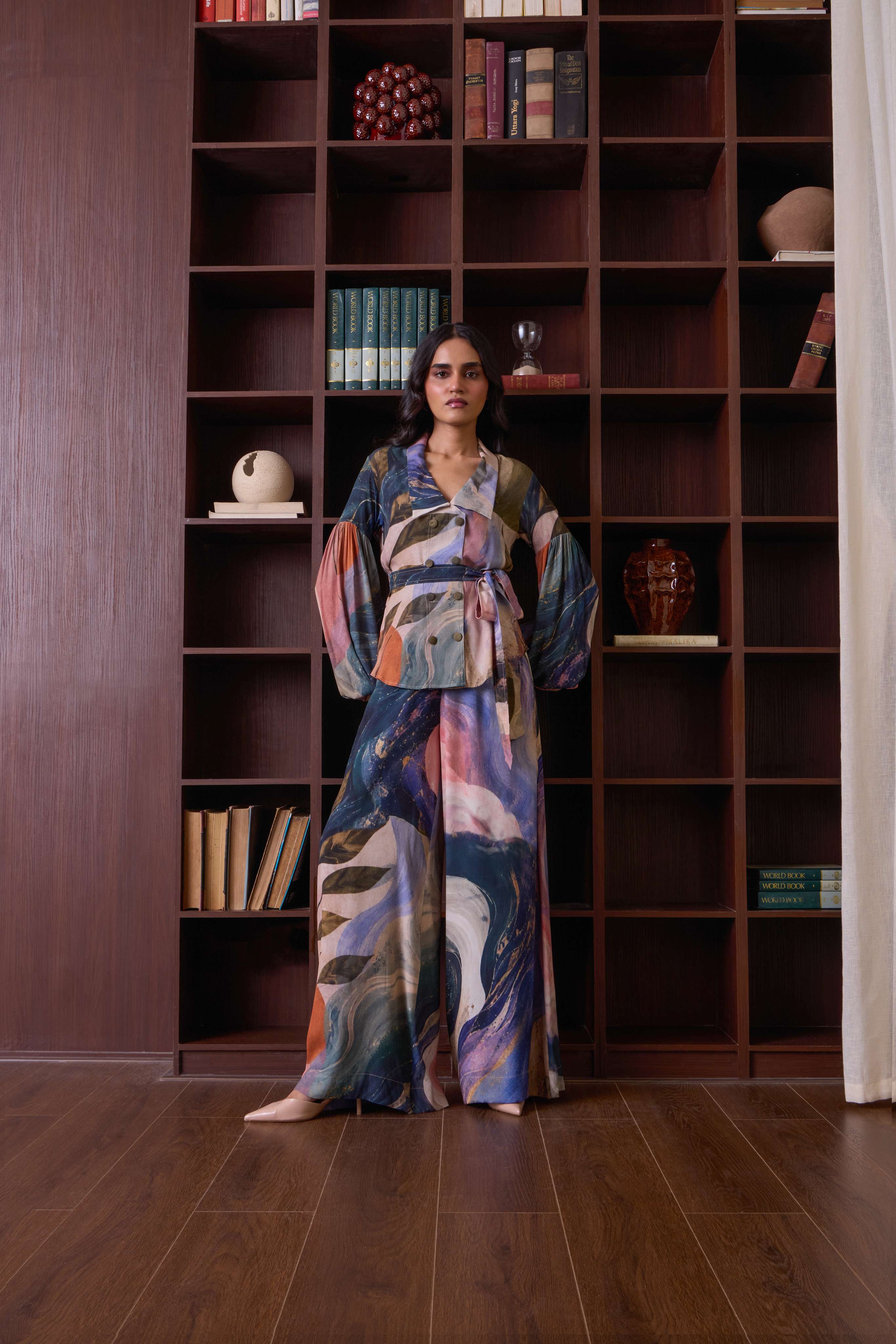 Simor celestial double-breasted shirt co-ord set featuring a matching top and pants with star-patterned fabric.