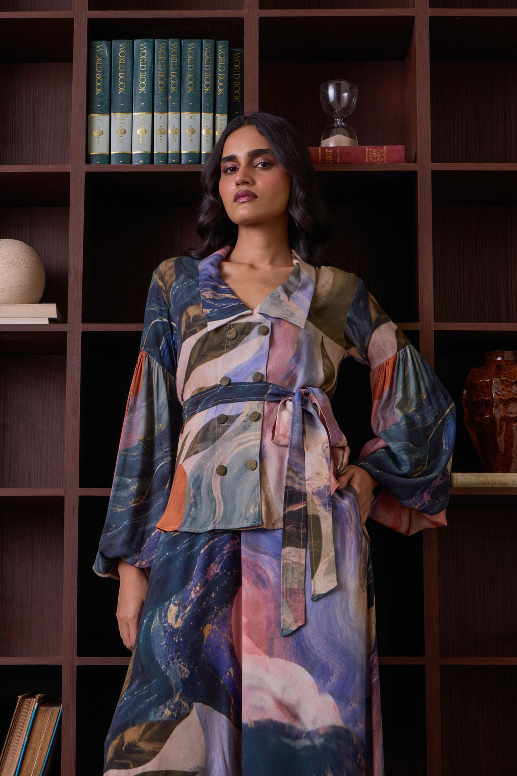 Simor celestial double-breasted shirt co-ord set with matching top and pants, featuring a stylish, coordinated look.