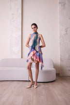 Simor Solistice high neck tiered cascade dress featuring a layered design and elegant high neckline, perfect for formal occasions.
