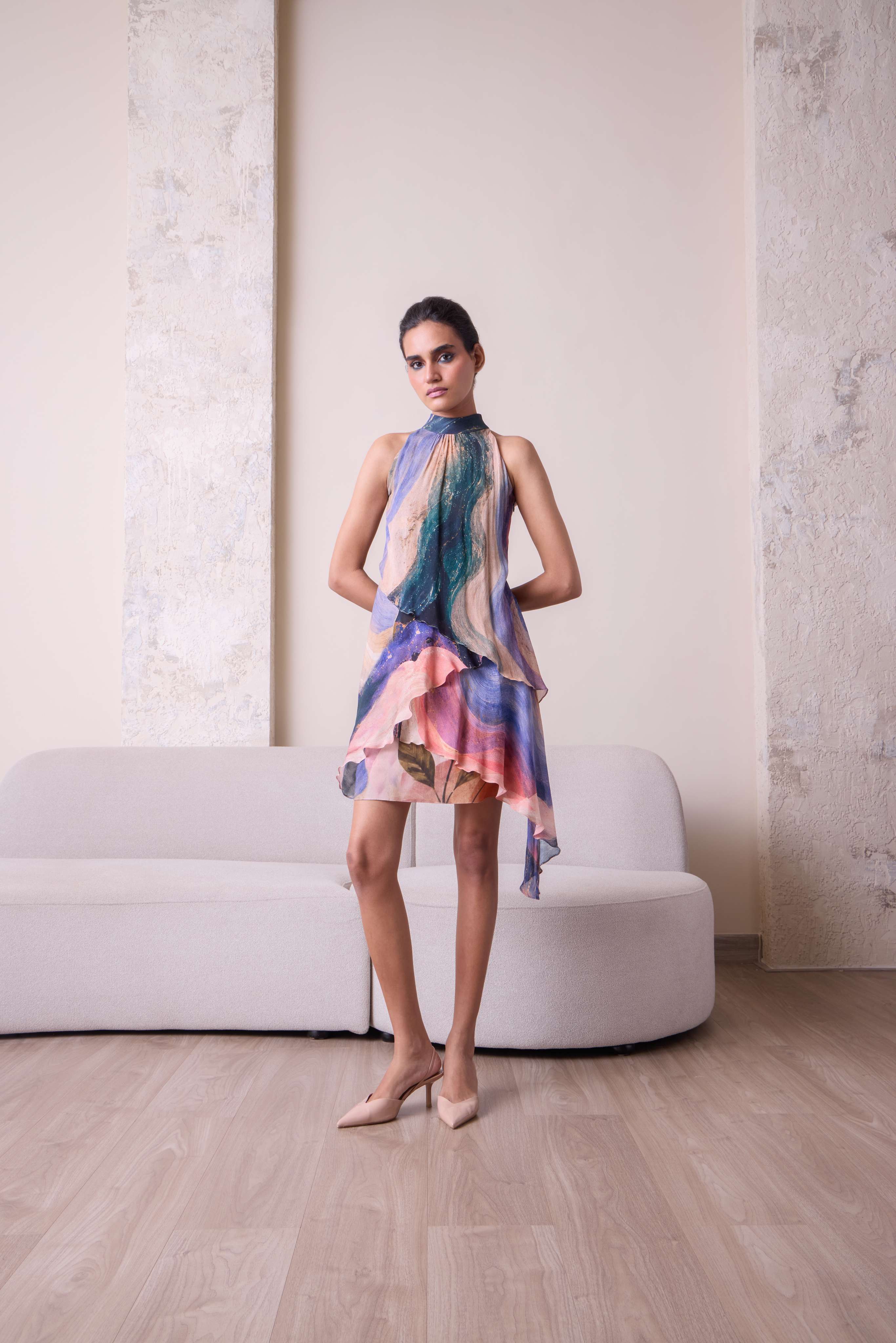 Simor Solistice high neck tiered cascade dress featuring a layered design and elegant high neckline, perfect for formal occasions.