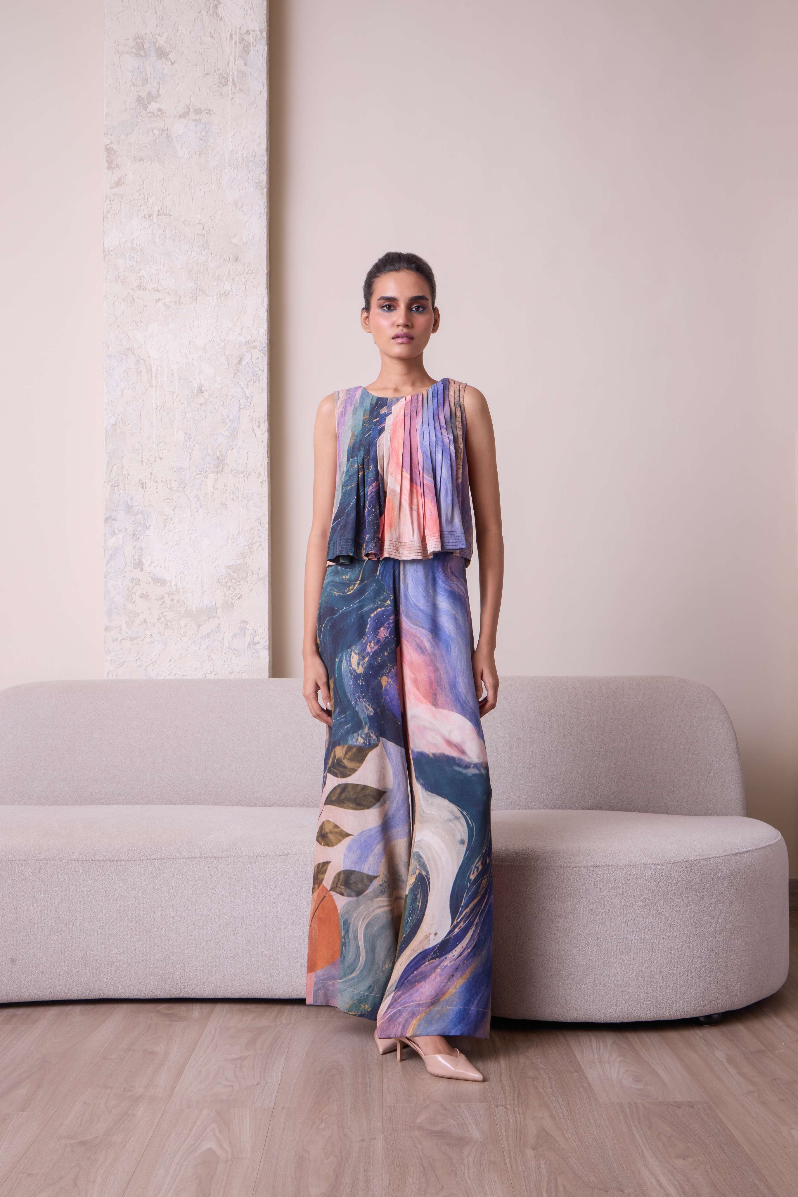 Simor pleated co-ord set featuring a matching top and pants in a stylish, coordinated design.