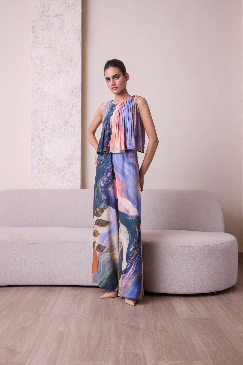 Simor pleated co-ord set featuring matching top and pants in a stylish, coordinated design suitable for casual or dressy occasions.