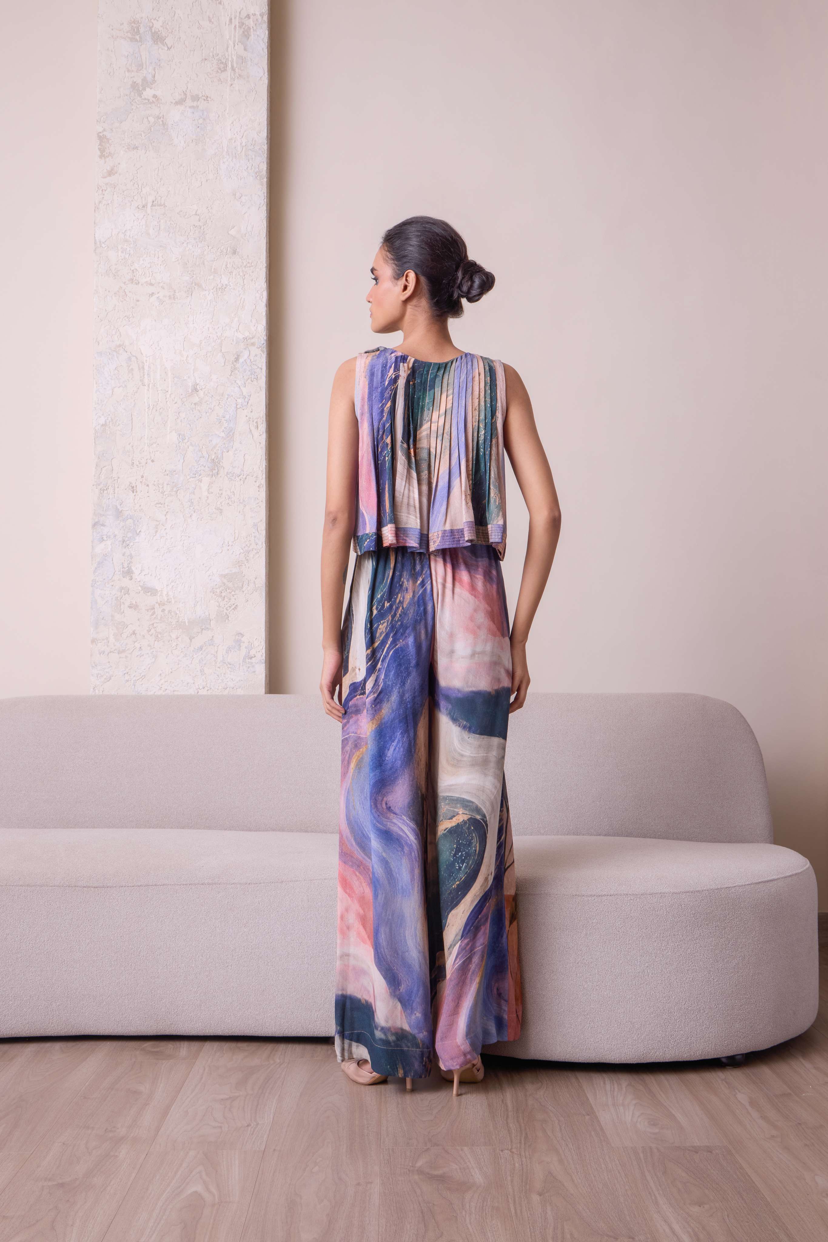 Simor pleated co-ord set featuring a stylish matching top and pants, perfect for casual or chic occasions.