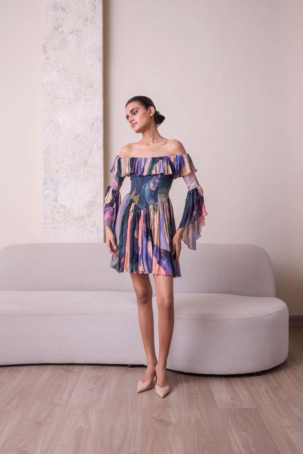 Cosmic off-shoulder bell-sleeve short dress by Simor, featuring a stylish off-shoulder neckline and bell sleeves, perfect for summer.