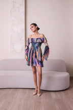 Cosmic off-shoulder bell-sleeve short dress by Simor, featuring a stylish off-shoulder neckline and bell sleeves, perfect for summer.